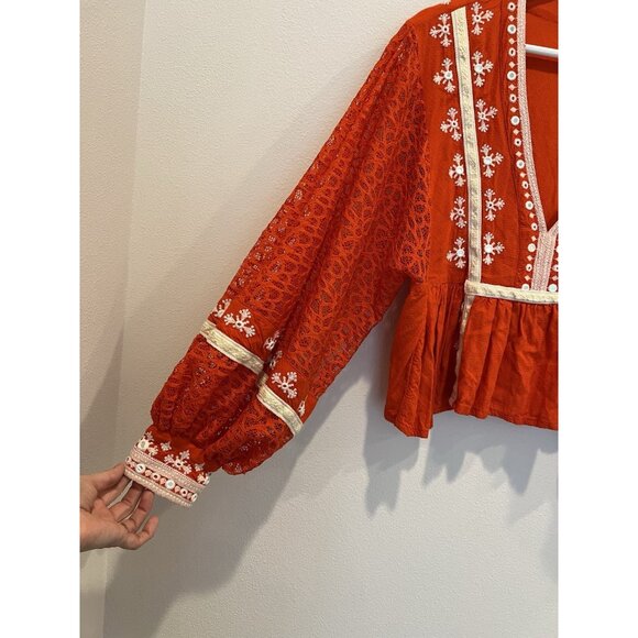 Free People Blouse boogie all night Size XS Crop top Embroidery Lace Red V Neck - Picture 15 of 16